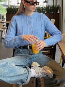 Cévolie Autumn/Winter Slouchy Loose Fit Elegant Casual Commute Knit Cardigan Versatile Sweater - Blue - View 4