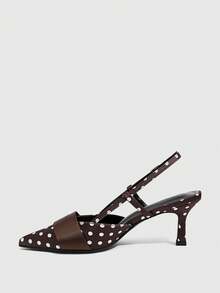 CUCCOO SZL Women's Polka Dot Pumps With Slingback Strap And Kitten Heel Fall Shoes - Deep coffee printing - View 4