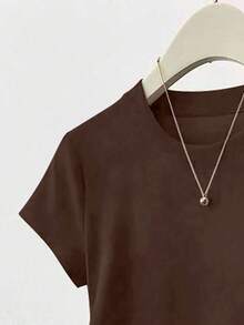 SHEIN Women's Solid Color Round Neck Short Sleeve Pleated Casual Versatile T-Shirt - Coffee Brown - View 4