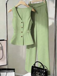 Franclia Women's 2 Pieces Set, Fitted Sleeveless Top And Straight Leg Pants, Fashionable And Elegant For Commuting - Green - View 1