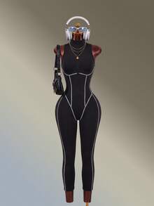 Amplova Women's Zipper Front Back Cutout Design Sports Jumpsuit - Black - View 4