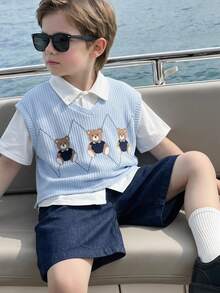 SHEIN Little Byeori 3件套儿童/青少年/女孩可爱小熊印花蓝色无袖背心、白色短袖衬衫和藏蓝色短裤套装，适合春夏季节日常穿着、上学、户外活动和运动。 - 藍色 - 查看 4
