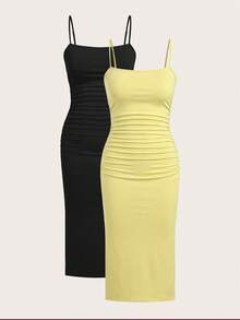 SHEIN EZwear 大码女式灰色/黑色夏季连衣裙 - 黃色 - 查看 6