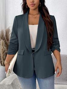 SHEIN LUNE Plus Size Women's Solid Color Pleated Sleeve Blazer In Fall/Winter - Green - View 3
