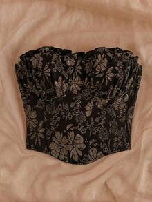 Soleia Women's Plus Size Black Textured Fabric Vintage Bandeau Top - Brown - View 3