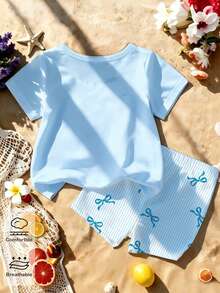 Set Celana Pendek Sepeda Motif Garis Vertikal Biru Muda dan Putih Motif Bunga Lemon Musim Panas untuk Bayi, Cocok untuk Pantai dan Anak-Anak. - MultiWarna - View 2