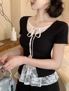 DAZY Women's Summer 2 In 1 Ruffle Bow Tie Short Sleeve T-Shirt - Black - View 7