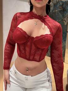 Vassilux 1pc Women Plain Long Sleeve Top With Lace Trim Collar, Casual Fall Cloth For Women, Christmas - Burgundy - View 4
