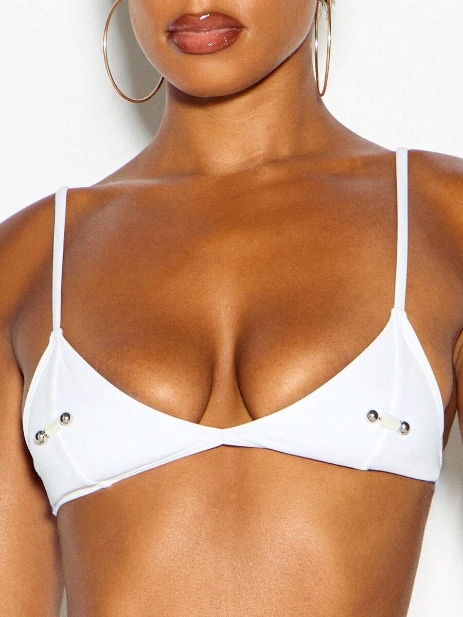 SUMWON WOMEN Plunge Bralette Top With Silver Stud Embellishment Spaghetti Straps Deep V Neckline Summer Festival Style - White - View 1