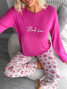 SHEIN Cottnline Pink Floral Have Fun Slogan Top Print Pants Casual Cute Pajama Set Lounge Spring Sleep - Pink - View 4
