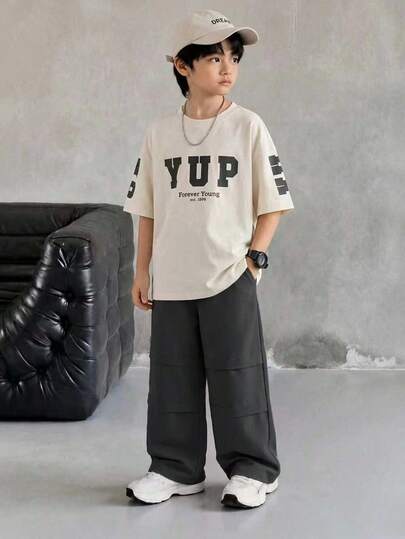 Teen Boy Autumn Cool Teenager Handsome Letter Print T-Shirt And Sports Casual Long Pants 2 Pieces Set