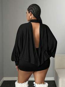 Maweii Plus Size Sexy High Neck Backless Bodycon Dress For Date Night Fall - Black - View 2