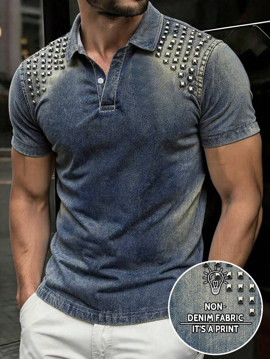 Manfinity Dauomo 夏季休閒上衣 男款標準尺寸 POLO 衫 復古藍色漸層圖案設計 街頭時尚風 舒適面料 戶外穿著 - 彩色 - 查看 1