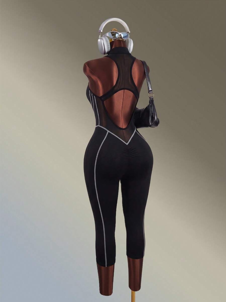 Amplova Women's Zipper Front Back Cutout Design Sports Jumpsuit