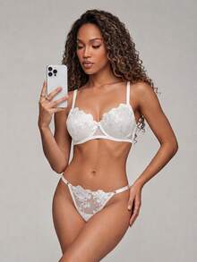 Silforma 2 件套女士网眼刺绣内衣套装 - 白色 - 查看 6
