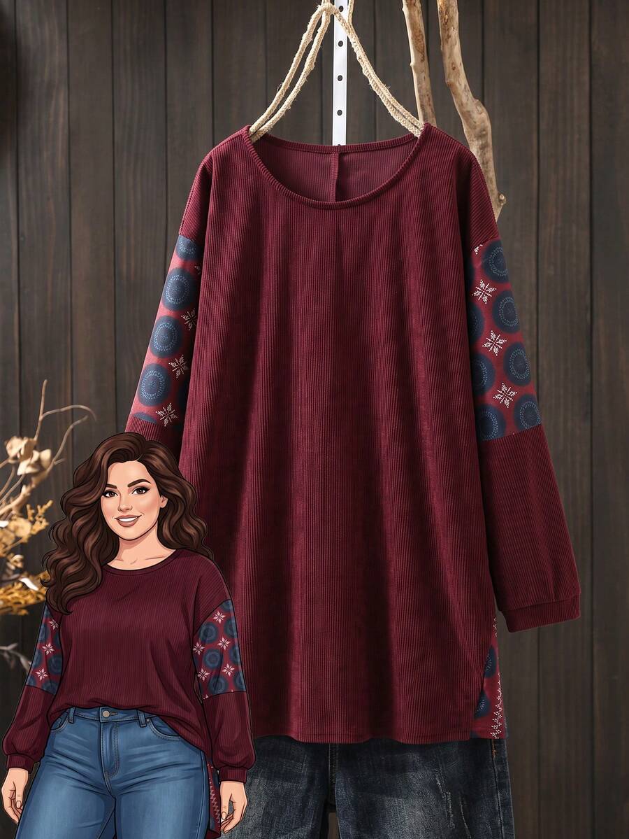 Rusticease Plus Size Fashion Versatile Print Round Neck Long Sleeve Shirt For Vacation Fall - Burgundy - View 1