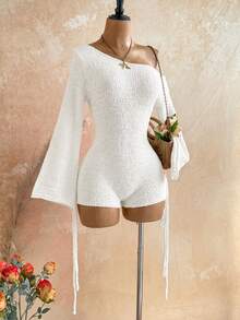 Soleia Women's Vacation Versatile Asymmetrical Shoulder Tie Strap Sweater Romper - White - View 4