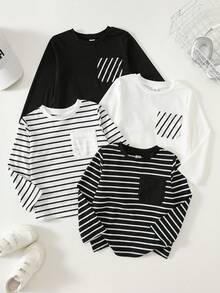 SHEIN Young Boy 4pcs/Pack Multi-Color Spring/Autumn/Winter Comfortable Soft All-Match Versatile Striped Long Sleeve Inner T-Shirt, Simple Cute Contrast Color Print Pattern, Korean Style Casual Sports, Suitable For Home And Outdoor - Multicolor - View 1
