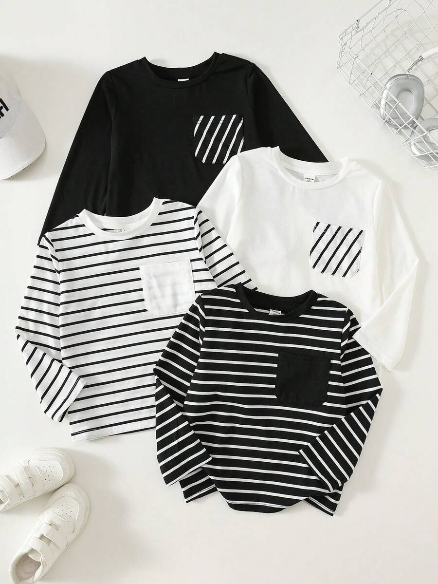 SHEIN Young Boy 4pcs/Pack Multi-Color Spring/Autumn/Winter Comfortable Soft All-Match Versatile Striped Long Sleeve Inner T-Shirt, Simple Cute Contrast Color Print Pattern, Korean Style Casual Sports, Suitable For Home And Outdoor - Multicolor - View 1