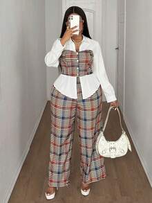 SHEIN CURVE+ Plus Size Women's Fashion New French Collar Plaid Print 2 In 1 Shirt And Pants Two Pieces Set Fall - Multicolor - View 7