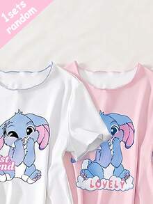 [Random 1 Set]Teen Girl Pajamas New Rabbit & Bow Print Contrast Trim Knit Short Sleeve All-Over Print Long Pants Casual - Multicolor - View 3