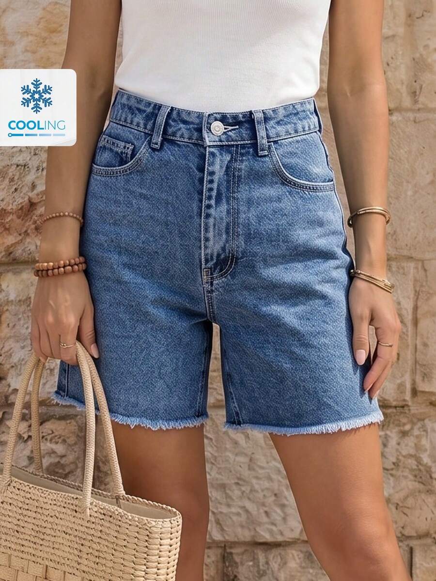 EMERY ROSE شورتات جينز كاجوال للنساء مع أزرار أمامية وجيوب وحافة مبرودة - الأزرق - مشاهدة 1