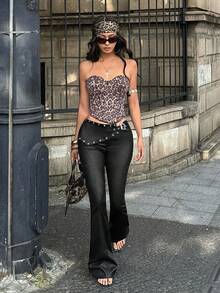 Jeanoix Y2K Women's Fashion Low Waist Skinny Flare Pants - Black - View 5