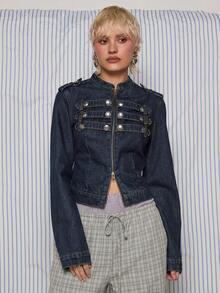 COUREZ Fitted Denim Drummer Jacket / Y2K Fitted Denim Jacket Fall Winter Lightweight Denim Button Zip Front NYE Occasion - Dark Wash - View 2