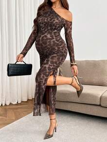 SHEIN Maternity Fashion Sexy Leopard Print Asymmetric Neck Side Slit Dress Winter - Brown - View 9