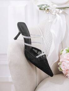 CUCCOO HITCHD Spring And Summer Lace Embroidered Rhinestones With Pointed Ends, Thin Heels, High Heels, Elegant, Wind Lace Mesh Sandals, Traveling And Commuting Fall Shoes - Black - View 7