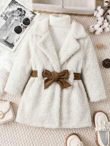 SHEIN Babygirl Autumn/Winter Cute Versatile Khaki Fluffy Belted Jacket - Khaki - View 5