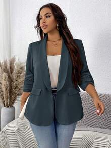 SHEIN LUNE Plus Size Women's Solid Color Pleated Sleeve Blazer In Fall/Winter - Green - View 5