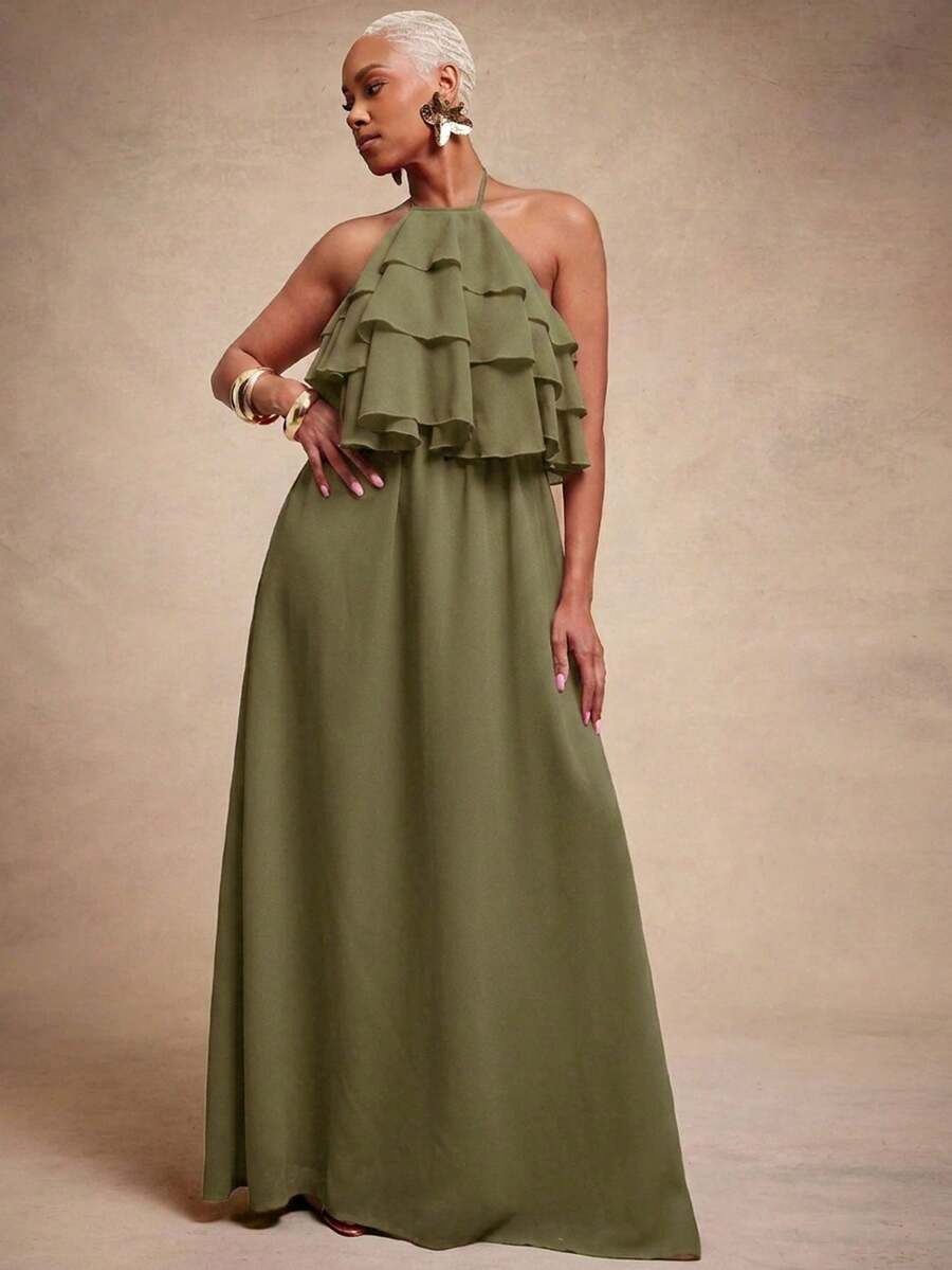 Vixey Solid Chiffon Fully Lined Tiered Ruffle Flowy Halter Neck Maxi Dress, Summer/Spring, Vacay Casual Dress - Olive Green - View 1