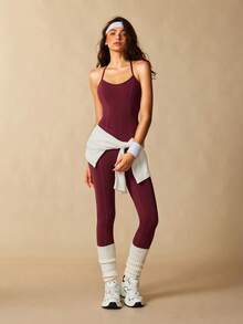 VARSIVA Jumpsuit Camisole Olahraga Kasual Warna Polos untuk Wanita, Cocok untuk Pakaian Sehari-hari - Burgundy - View 5