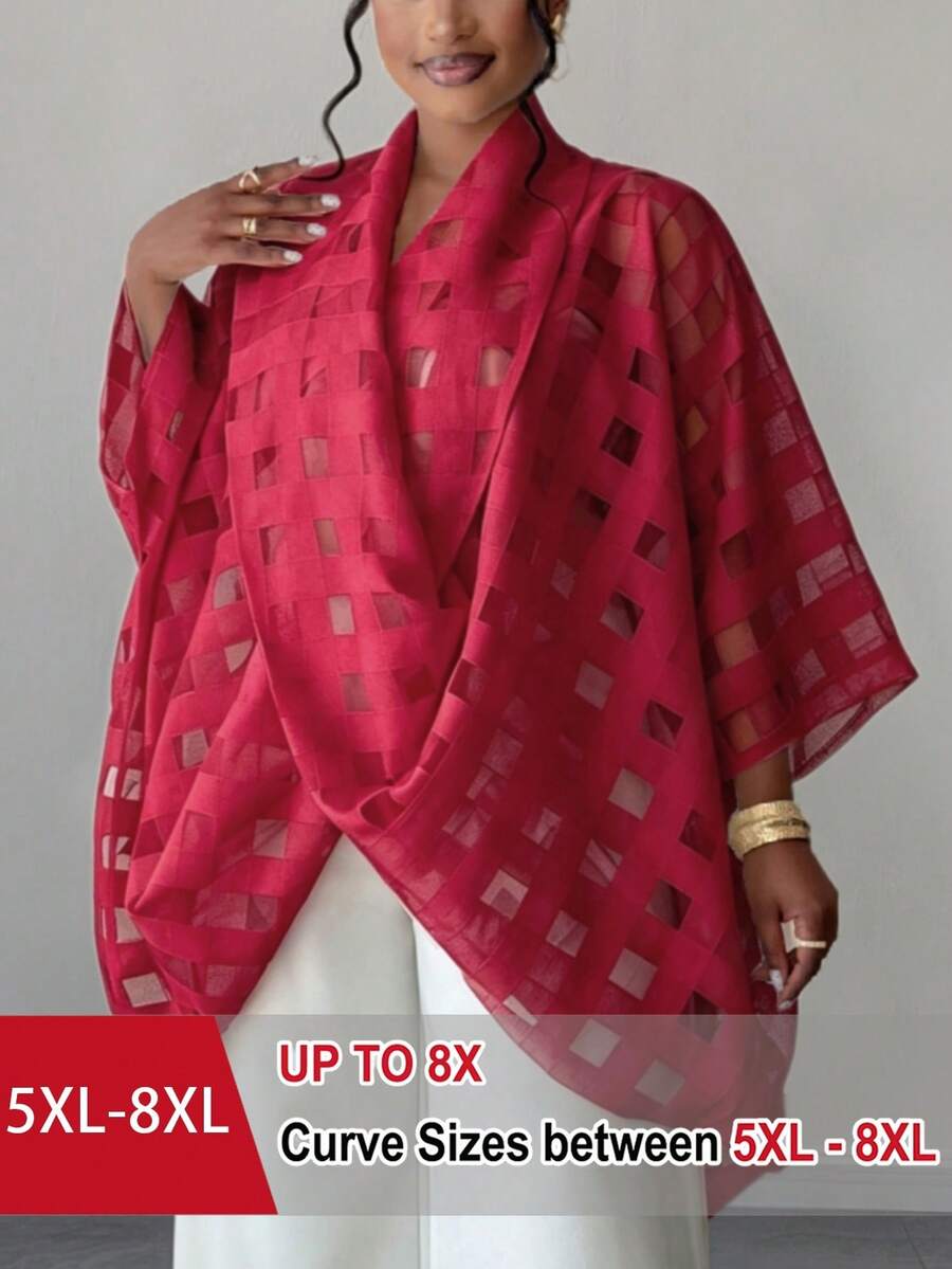 SHEIN CURVE+ 大尺碼女款寬鬆前打結掛脖大格紋襯衫 - 紅色 - 查看 1