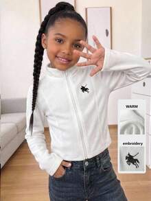 青少年女孩時尚休閒白色羅紋高彈性立領夾克，適合青少年女孩，常規長袖，白色拉鍊短夾克，白色短拉鍊夾克，秋冬服飾，返校季 - 白色 - 查看 1