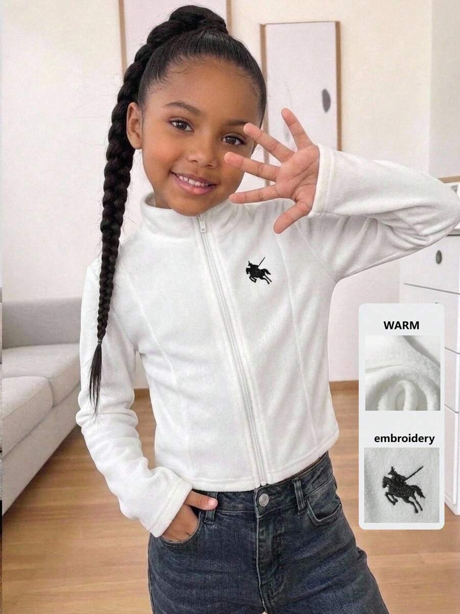 青少年女孩時尚休閒白色羅紋高彈性立領夾克,適合青少年女孩,常規長袖,白色拉鍊短夾克,白色短拉鍊夾克,秋冬服飾,返校季 - 白色 - 查看 1