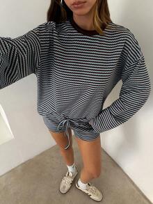 Aloruh Women's Striped Patchwork Long Sleeve Top And Shorts Casual Daily 2 Pieces Set - Multicolor - View 7