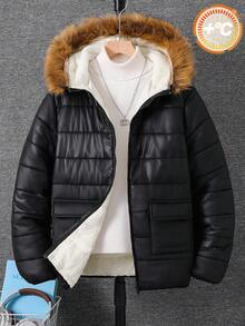 SHEIN 青少年男孩毛絨內裡保暖連帽鋪棉絎縫飛行夾克冬外套 - 黑色 - 查看 6