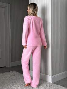 SHEIN Pink Fuzzy Plush Heart Applique Embroidery Long Sleeve Homewear Pajama Set - Pink - View 3