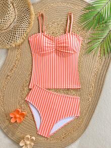 SHEIN 青少年女孩 2 件式坦克比基尼泳衣套裝，粉色與白色條紋細肩帶上衣，防走光設計，條紋三角比基尼泳褲，腰部抓皺，貼身可愛 Y2K 女孩風，休閒度假穿搭，適合假期、新年、海灘 - 橘色 - 查看 1
