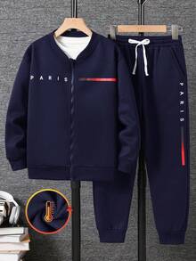 SHEIN 巴黎字母圖案與彩色條紋印花飛行夾克搭配彈性腰頭慢跑褲 2件套 - 藏蓝色 - 查看 4
