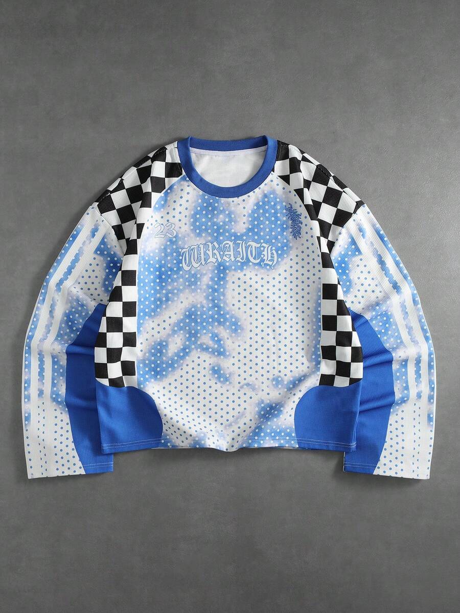 ROMWE MEN Street Life Men's Colorblock Patchwork Printed Long Sleeve T-Shirt - Multicolor - View 1