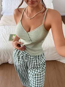 Napfluff Minimalist Ribbed Knit Camisole Set, Fresh Plaid Wide Leg Loungewear 2 Pieces Set - Green - View 4