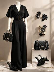 Sweetra Plus Size Deep V-Neck Pleated Short Sleeve Jumpsuit With Faux Pearl Buttons, Straight Leg Pants, Elegant Traditional Retro French Style, Black Summer - Black - View 1