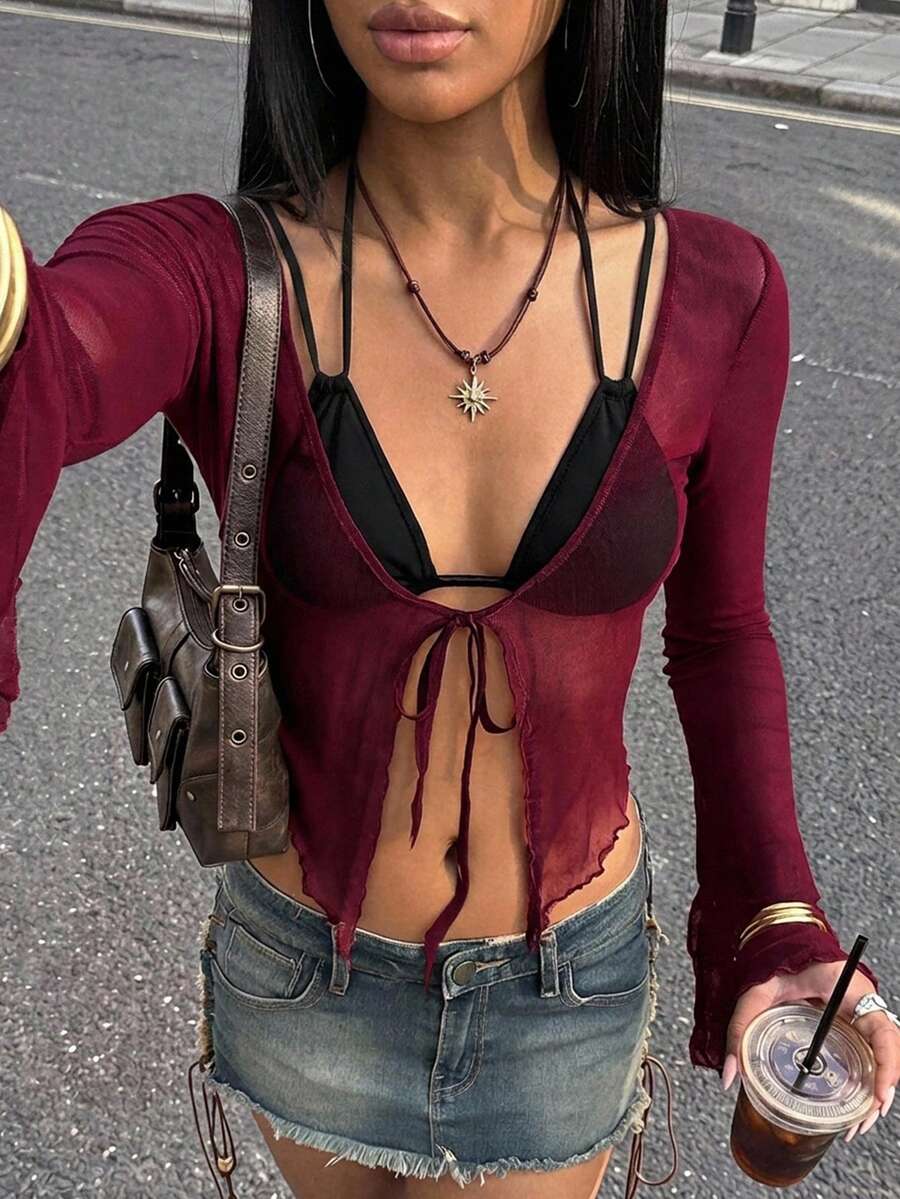 SHEIN ICON 女性實色網狀背心,有綁帶肩帶設計 - 酒紅色 - 查看 1