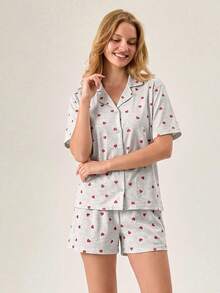 EURMUSE Cotton CURVE PLUS Women 2 Pcs Heart Pattern With Button Front Detail Short Sleeved Shirt%Shorts Homewear Comfort Pajama Set For Ladies - Multicolor - View 4