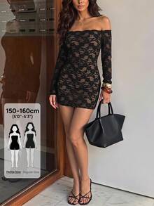SHEIN PETITE 女款蕾絲露肩性感迷你洋裝，適合約會與派對 - 黑色 - 查看 4