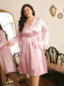 Côtesoire Plus Size Women's Romantic Elegant Satin Camisole Maxi Dress & Robe Pajama Set - Baby Pink - View 6