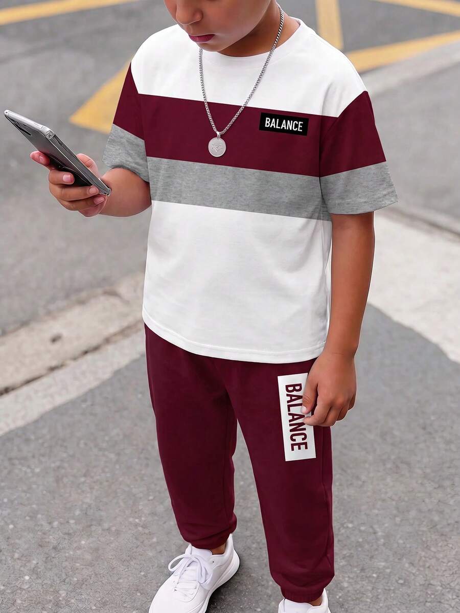 青少年男孩休閒舒適時尚極簡圓領短袖T恤與長褲套裝 - 彩色 - 查看 1